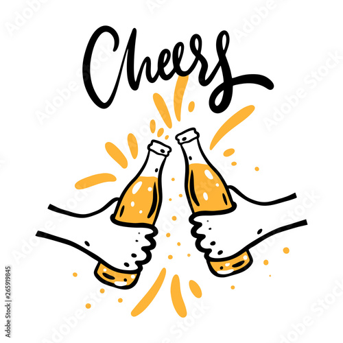 Cheers with beer glasses. Hand drawn vector illustration. Cartoon style. Isolated on white background.