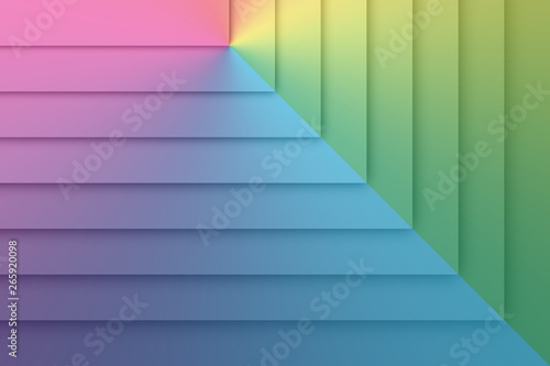 Geometrical rectangle modern abstract background. Each shape overlaps ranging from light to dark tones. Shadows create depth   3D look. An angle gradient in blue  green   pink create color rays. 