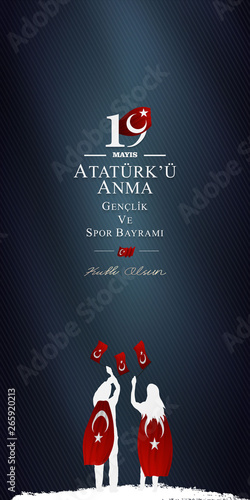 vector illustration, 19 may, Commemoration of Atatürk, Youth and Sports Day, (19 mayıs, Atatürk'u anma genclik ve spor bayrami.)	