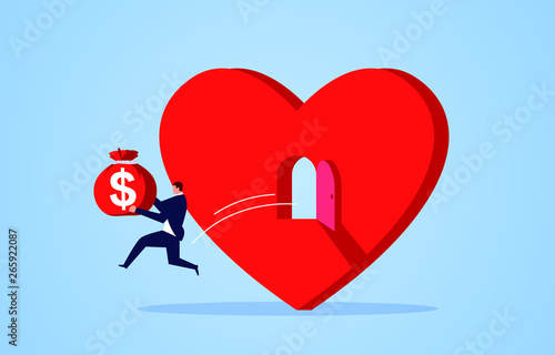 Love money, businessman holding money bag and jumping out of heart shape