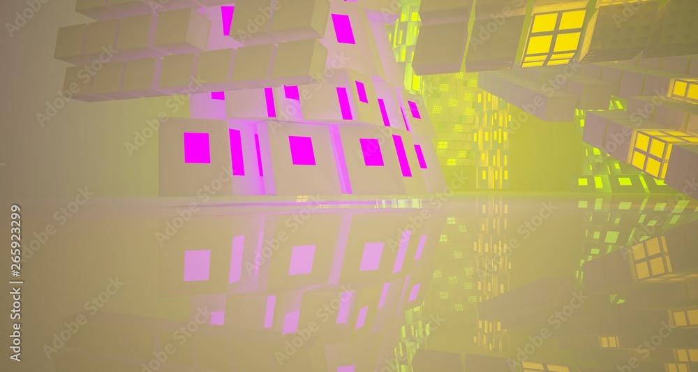 Abstract white Futuristic Sci-Fi interior With Purple And Yellow Glowing Neon Tubes . 3D illustration and rendering. Abstract white Futuristic Sci-Fi interior With Purple And Yellow Glowing Neon Tubes . 3D illustration and rendering.