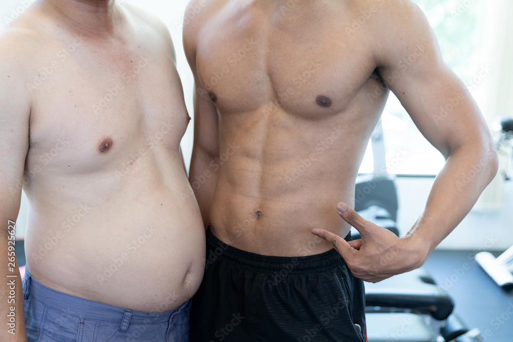 Two naked men comparing belly fat and slim six pack Stock Photo | Adobe  Stock