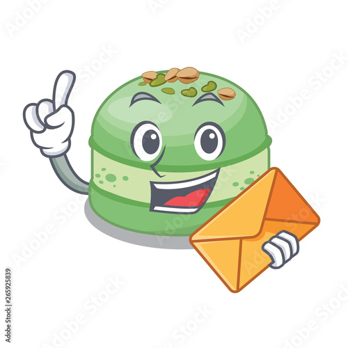 With envelope pistachio cake in the cartoon fridge