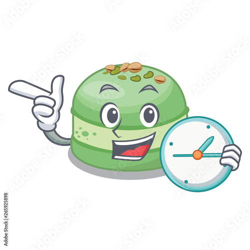 With clock pistachio cake in the cartoon fridge