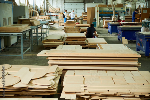 warehouse with wooden blanks, parts, production of interior doors
