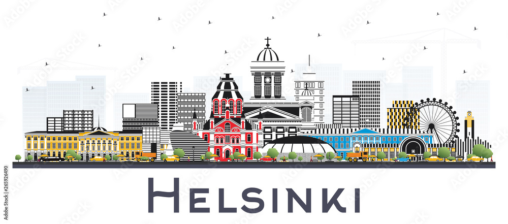 Helsinki Finland City Skyline with Color Buildings Isolated on White.