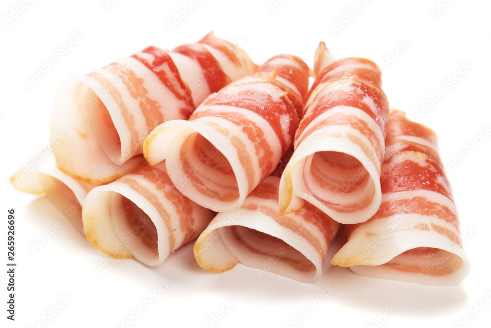 Rolls of pancetta bacon isolated on white