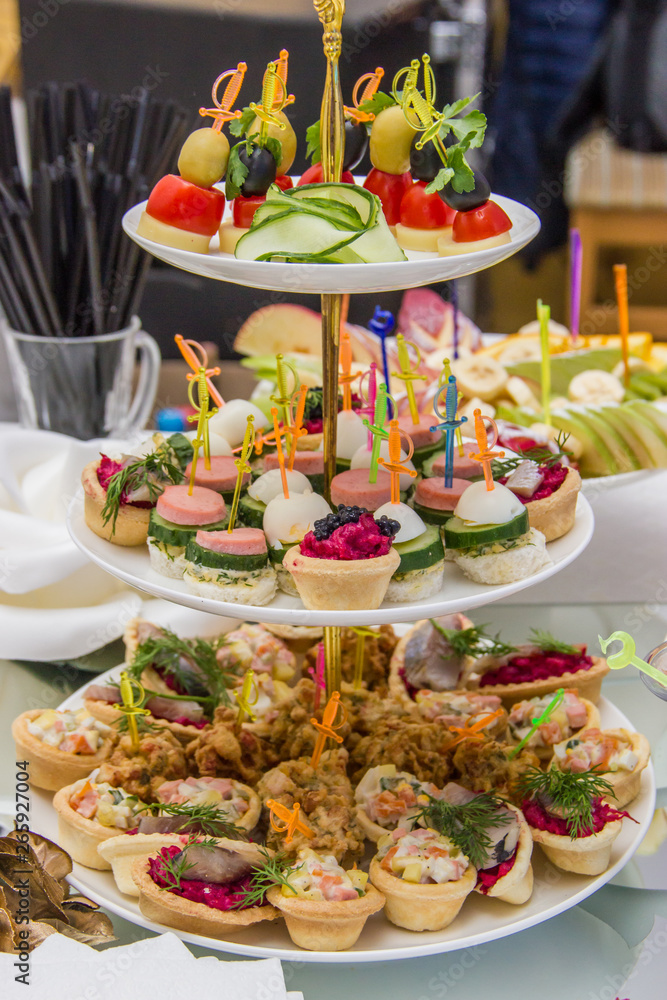 Table setting in a restaurant with variety of snacks