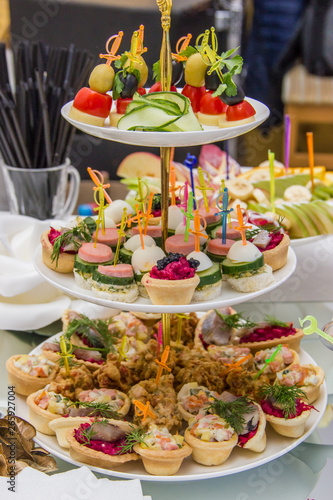 Table setting in a restaurant with variety of snacks