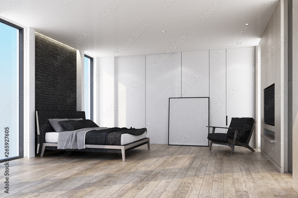 Idea of modern loft bedroom and wooden floor with wall black brick