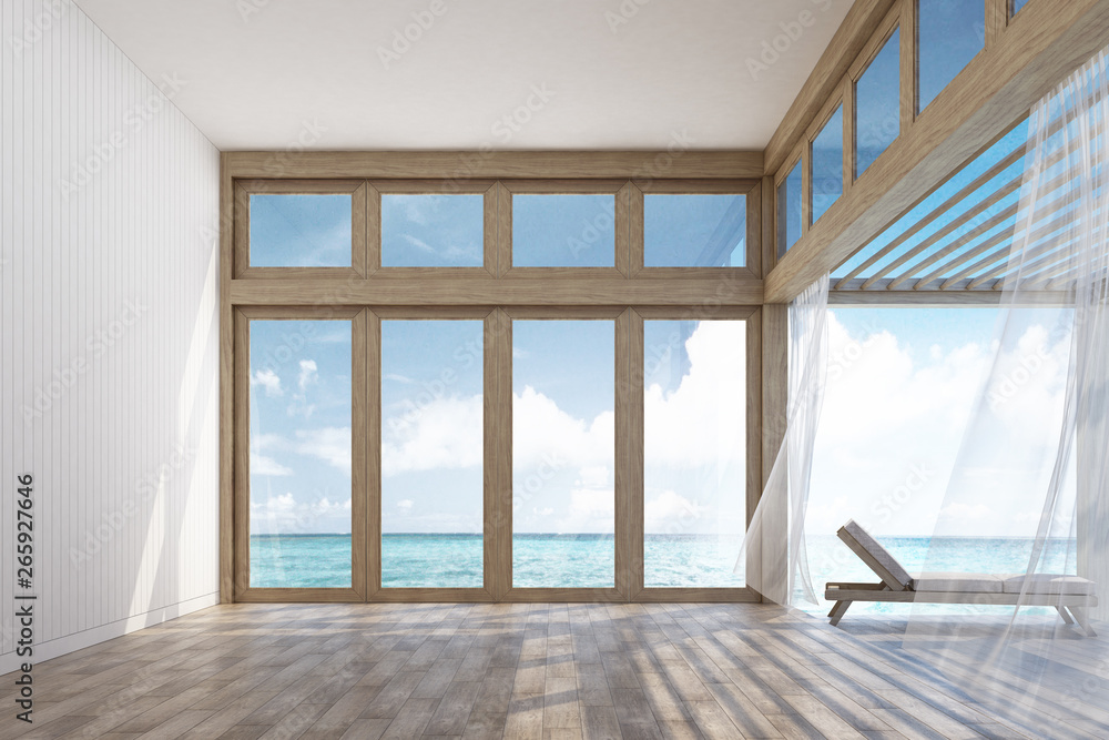 Fototapeta premium Natural style interior space and terrace with sea view 3d rendering Image. Decorate room with wood. There are large window overlooking the surrounding.