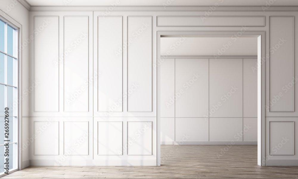Modern classic white empty interior space with wall panels decorate and wooden floor. 3d rendering Modern classic white empty interior space with wall panels decorate and wooden floor. 3d rendering