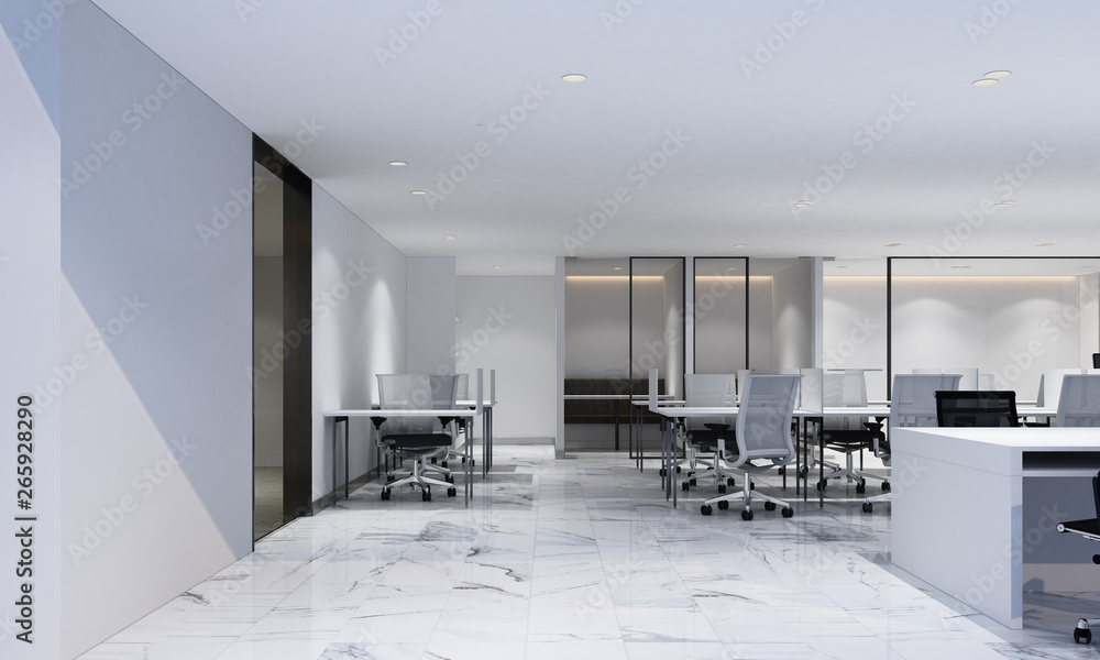Working area in modern office with white marble floor and meeting room ...