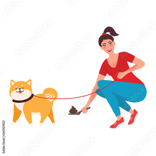 The concept of cleaning feces while walking dogs. Hand holding a disposable bag of dog excrement over the urn for disposal. Vector illustration