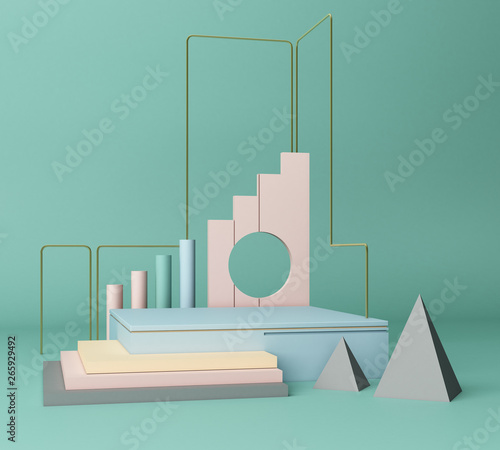 3d render, primitive shapes, abstract geometric background, minimal mock up, blank template, gold metal line, empty showcase, with pastel colors