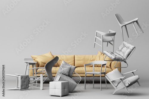 Brown sofa leather surrounding by white chairs in empty white background. Concept of minimalism & installation art. 3d rendering mock up