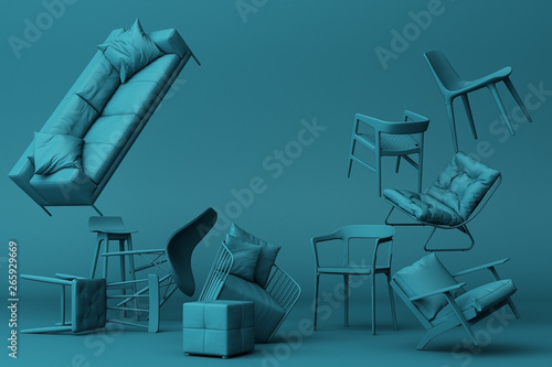 Blue-green chairs in empty blue background. Concept of minimalism & installation art. 3d rendering mock up
