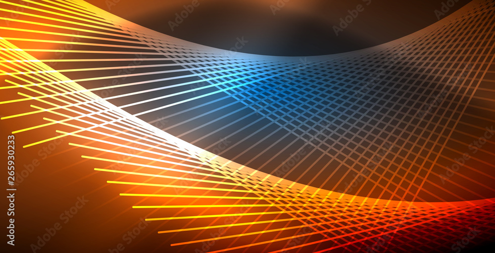 Fototapeta premium Neon glowing techno lines, blue hi-tech futuristic abstract background template with lights