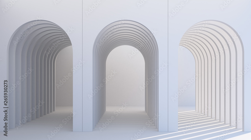 Minimalistic, white arch hallway architectural corridor with empty wall. 3d render, minimal.