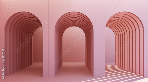 Minimalistic  pinkpastel arch hallway architectural corridor with empty wall. 3d render  minimal.
