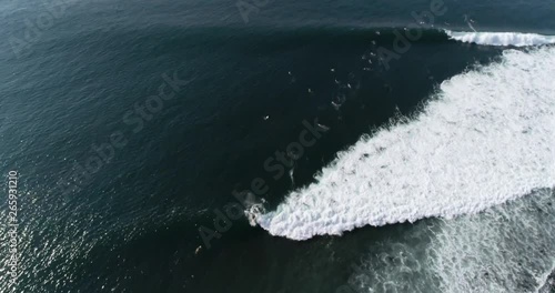 Aerial view of surfers in the line up of a point break in tropical summer day. El Salvador, Punta Roca long waves are a famous destination for leisure travel. Airflow Creations colorful drone view.