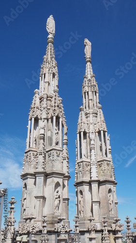 Milano, Italy. The spiers of white marble that adorn the entire cathedral. The Duomo is the most famous landmark in Milan
