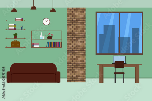 Office interior. Desk, chair and couch. Vector illustration.