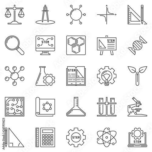STEM outline icons set. Vector Science, Technology, Engineering and Mathematics concept symbols or design elements