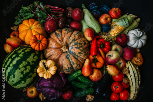 Colorful fruits and vegetables background. Harvest background.