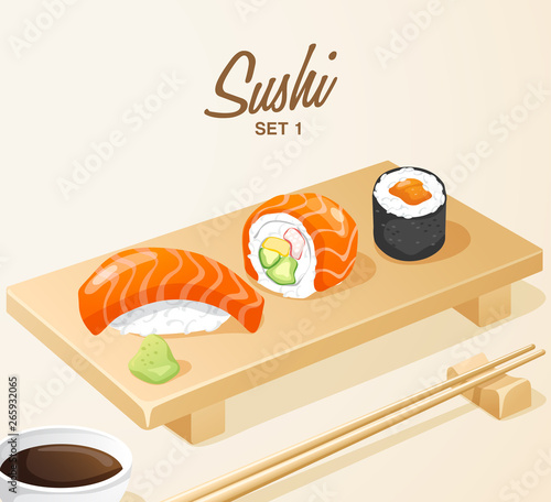 Set of Japanese Food : Sushi Set on Wooden Plate : Vector Illustration