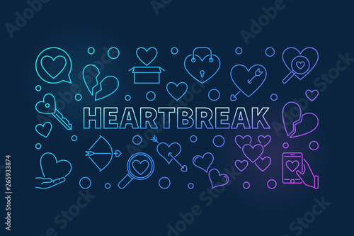 Heartbreak vector colorful outline horizontal illustration on dark background