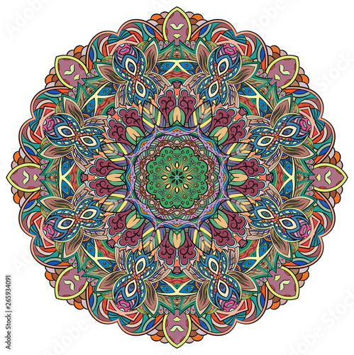 Mandala, tracery wheel mehndi design. Ethnic ornament, colorful doodle symmetry texture. Folk traditional spiritual tribal design.  Curved shape, isolated on white. Color art. Vector