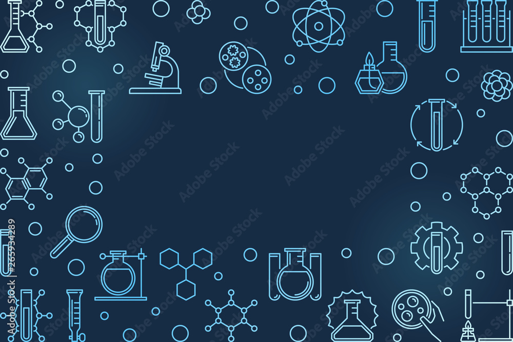 Chemical blue modern horizontal frame in thin line style - vector Chemistry illustration with dark background Chemical blue modern horizontal frame in thin line style - vector Chemistry illustration with dark background