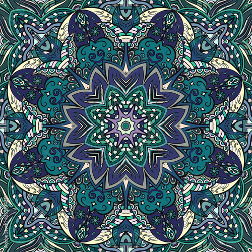 Seamless tracery tile mehndi design. Ethnic ornament, colorful doodle symmetry texture. Folk traditional spiritual tribal design. Curved doodling motif. Color art. Vector