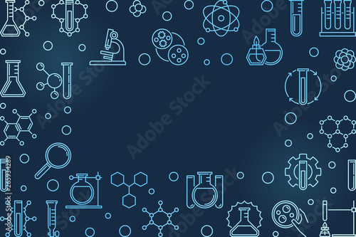 Chemical blue modern horizontal frame in thin line style - vector Chemistry illustration with dark background
