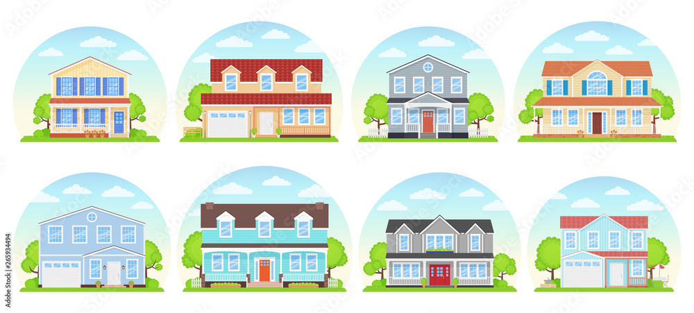 Obraz premium House exterior. Vector. Home building front view. Facade of modern cottage. Landscape of residential neighborhood. Set townhouses. Suburb architecture. Cartoon flat illustration.