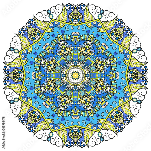Mandala, tracery wheel mehndi design. Ethnic ornament, colorful doodle symmetry texture. Folk traditional spiritual tribal design.  Curved shape, isolated on white. Color art. Vector