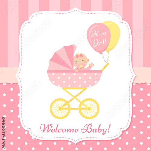 Baby girl invite card. Vector. Baby Shower banner. Pink design invitation. Cute birth party background. Welcome template. Happy greeting poster with newborn kid and pram. Cartoon flat illustration.