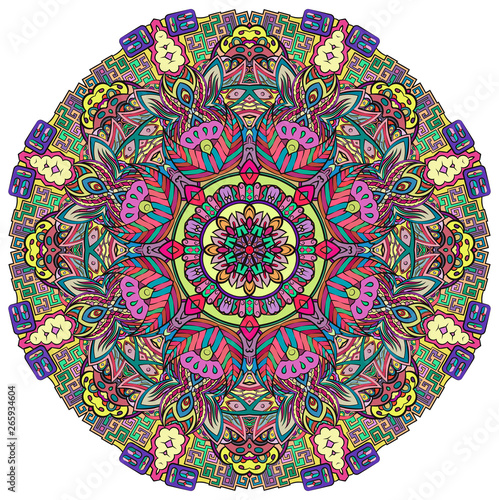Mandala, tracery wheel mehndi design. Ethnic ornament, colorful doodle symmetry texture. Folk traditional spiritual tribal design.  Curved shape, isolated on white. Color art. Vector