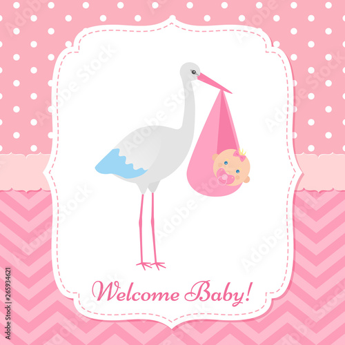 Baby Shower invitation card. Vector. Baby girl banner. Welcome template invite. Pink design. Cute birth party background. Happy greeting poster with newborn kid and stork. Cartoon flat illustration.