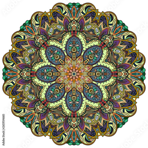 Mandala, tracery wheel mehndi design. Ethnic ornament, colorful doodle symmetry texture. Folk traditional spiritual tribal design.  Curved shape, isolated on white. Color art. Vector