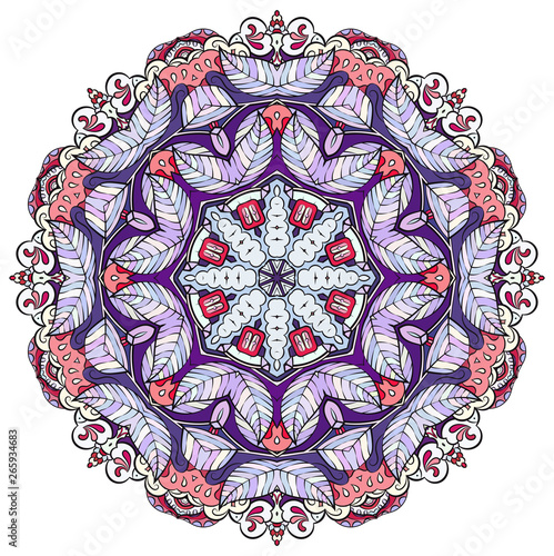 Mandala, tracery wheel mehndi design. Ethnic ornament, colorful doodle symmetry texture. Folk traditional spiritual tribal design.  Curved shape, isolated on white. Color art. Vector