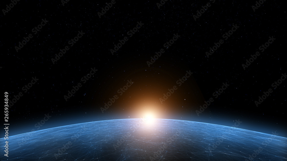 Artistic universe with sunny abstract planet. 3d illustration.