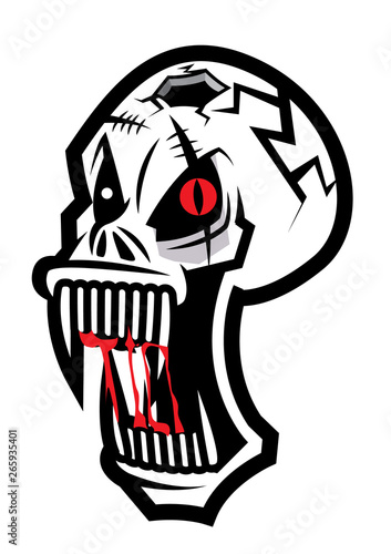 Horror scary skull head with sharp bloody teeth. Vector illustration