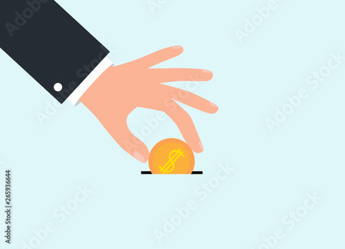 Businessman hand throws gold money coin in moneybox. Donate dollar currency flat design. Vector illustration