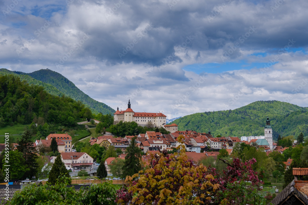 Old Skofja Loka town with Lubnik on cloudy day