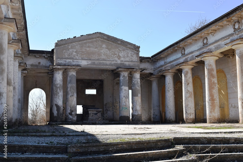 Volzhsky,Russia-April 10,2019-Mortuary or Pantheon — ceremonial building, designated for the mourning of the funeral rites. Located on the territory of the city cemetery № 1 in the city of Volzhsky.
