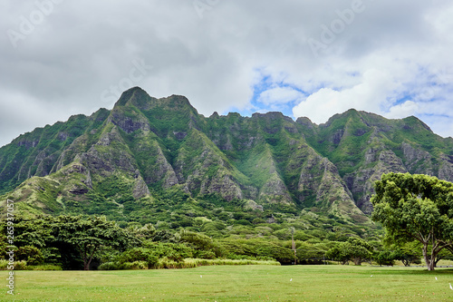 A view of the mountain side of Kualoa Regional Beach Park at O'ahu, Hawaii.