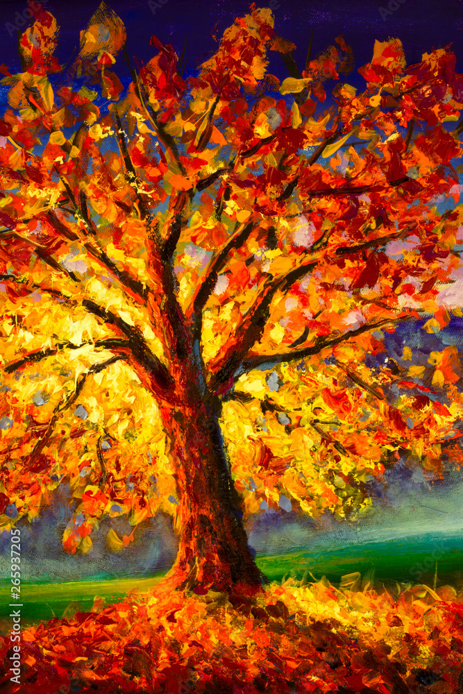 Original oil painting on canvas art. Sunny autumn tree. Modern impressionism. Autumn gold yellow orange red tree in sun light landscape expressionism artwork oil acrylic painting Stock Illustration | Adobe Stock