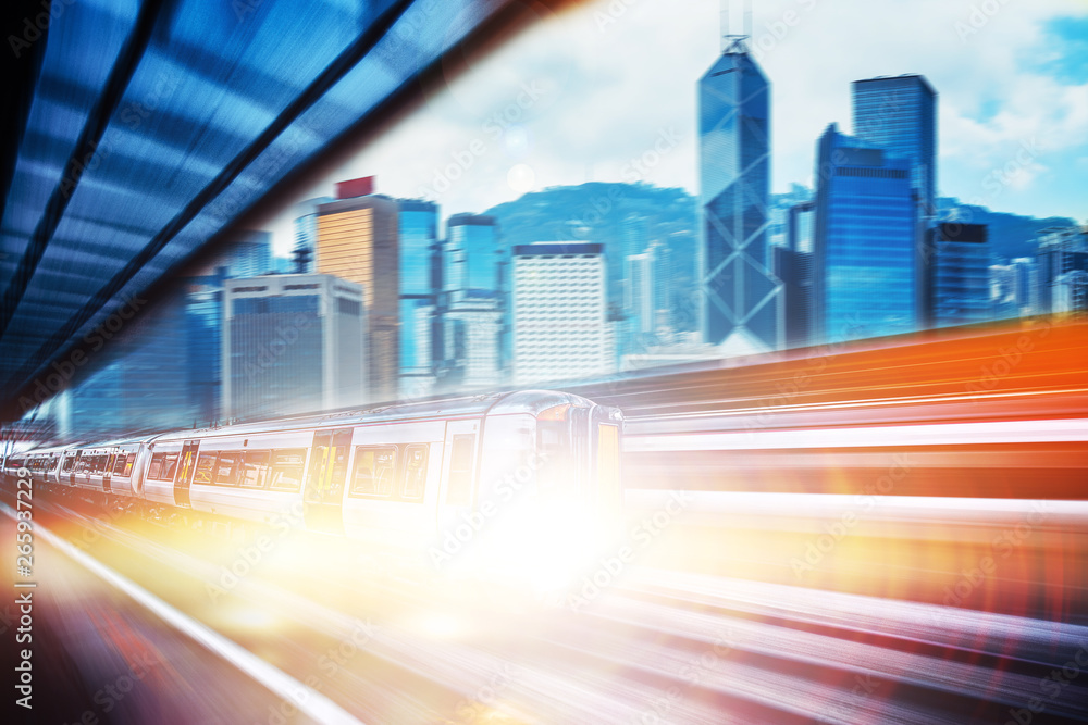 Fototapeta Motion blur of high speed train moving in Hong Kong